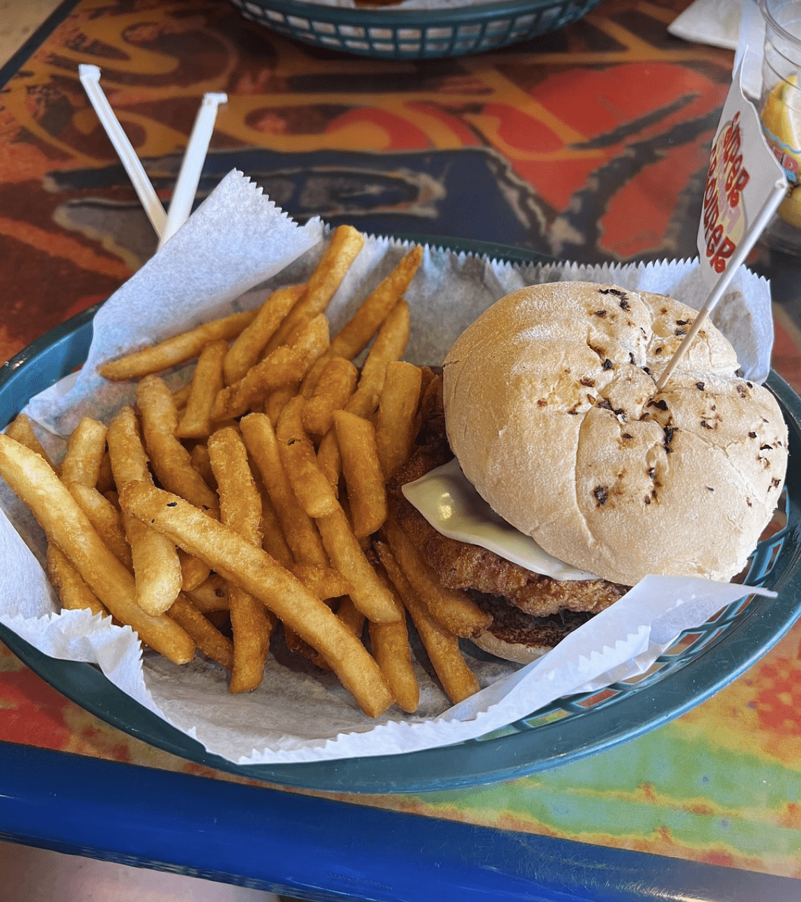 Fried fish sandwich with fries at an Indian Rocks Beach casual restaurant