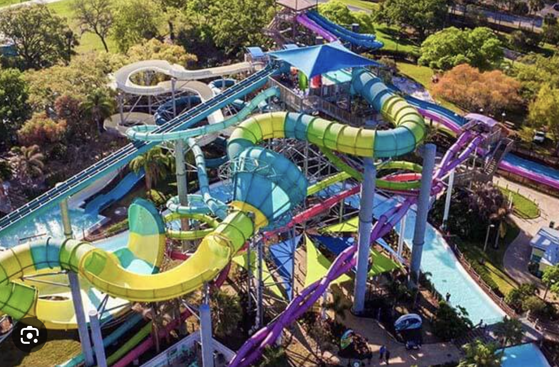 Colorful water slides at Adventure Island Tampa surrounded by tropical trees.
